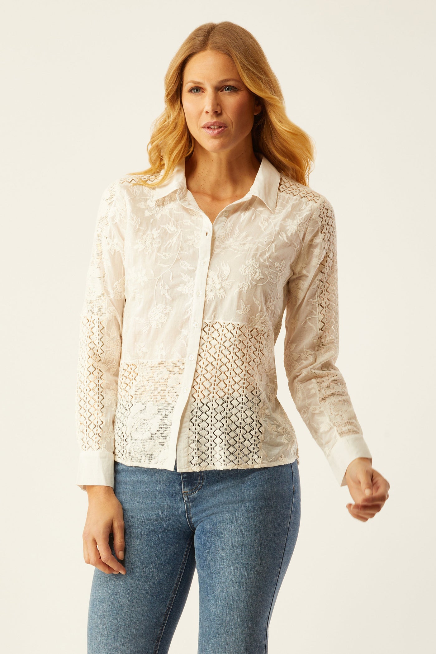 Streep Patchwork Embroidered Shirt - Ecru