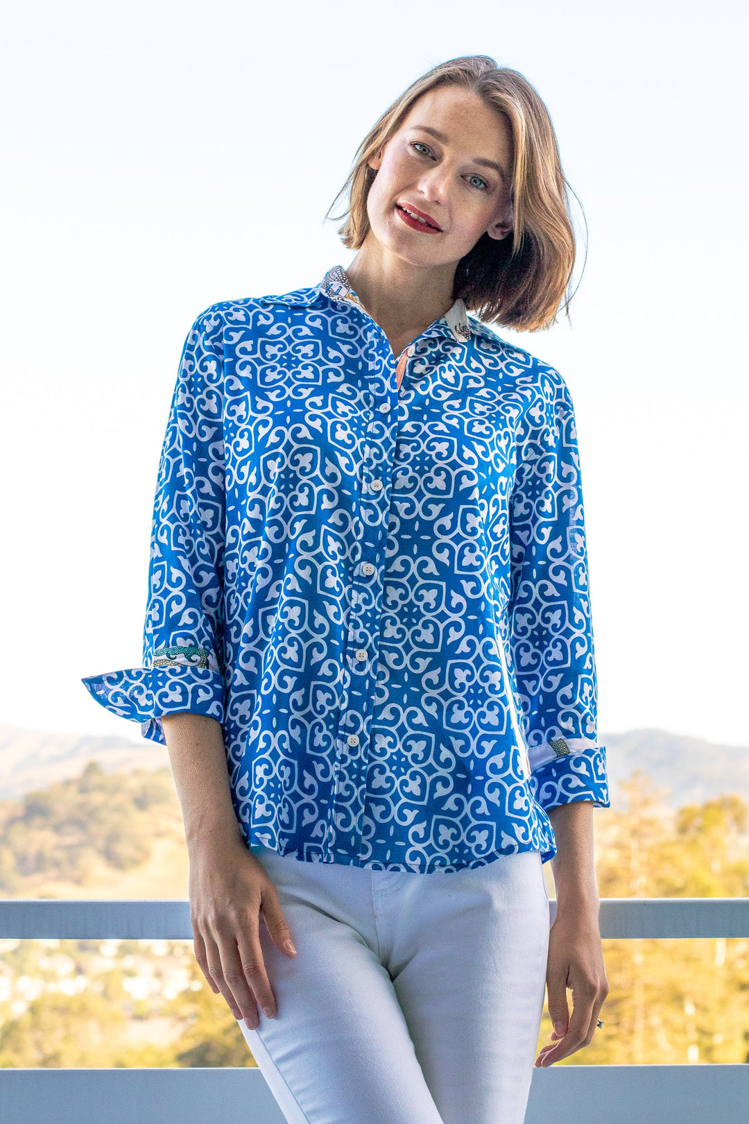 Rome Shirt with 3/4 Sleeves Cobalt Blue &amp; White Geometric Print