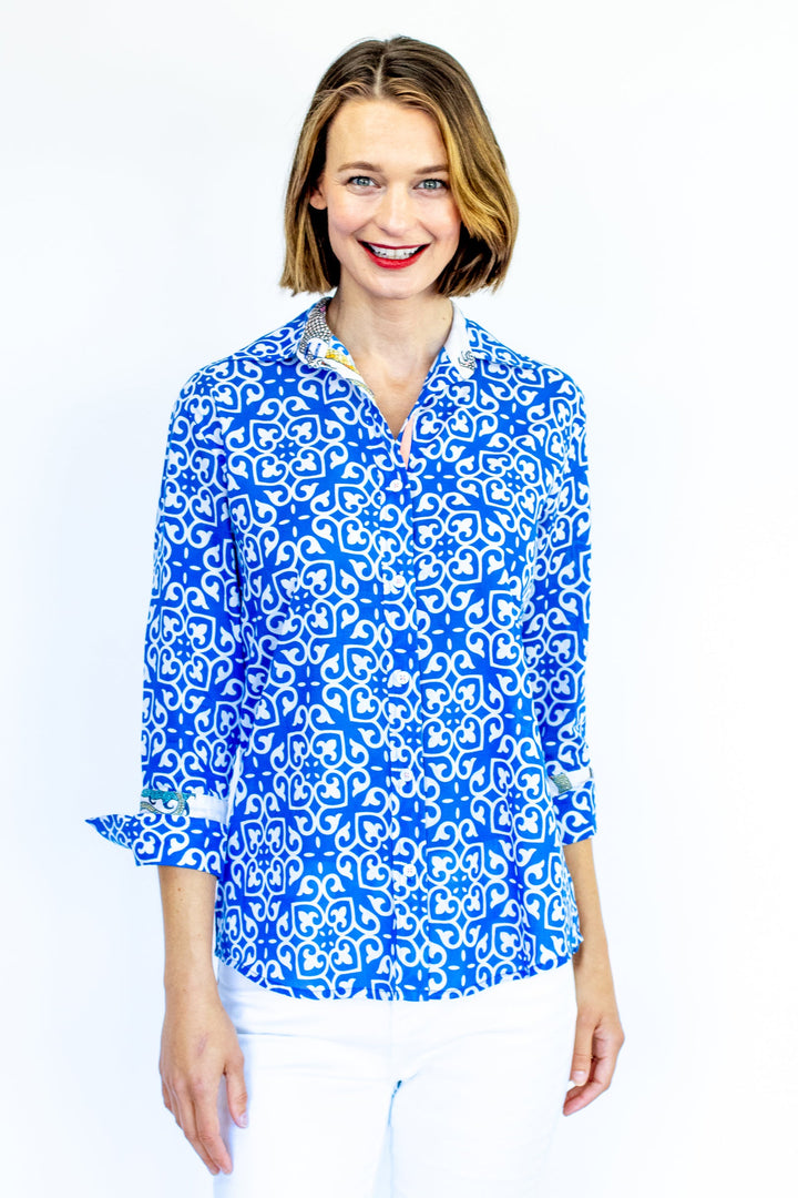 Rome Shirt with 3/4 Sleeves Cobalt Blue &amp; White Geometric Print