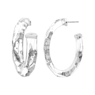 Silver Leaf Faceted Large Lucite Hoops - CLEAR