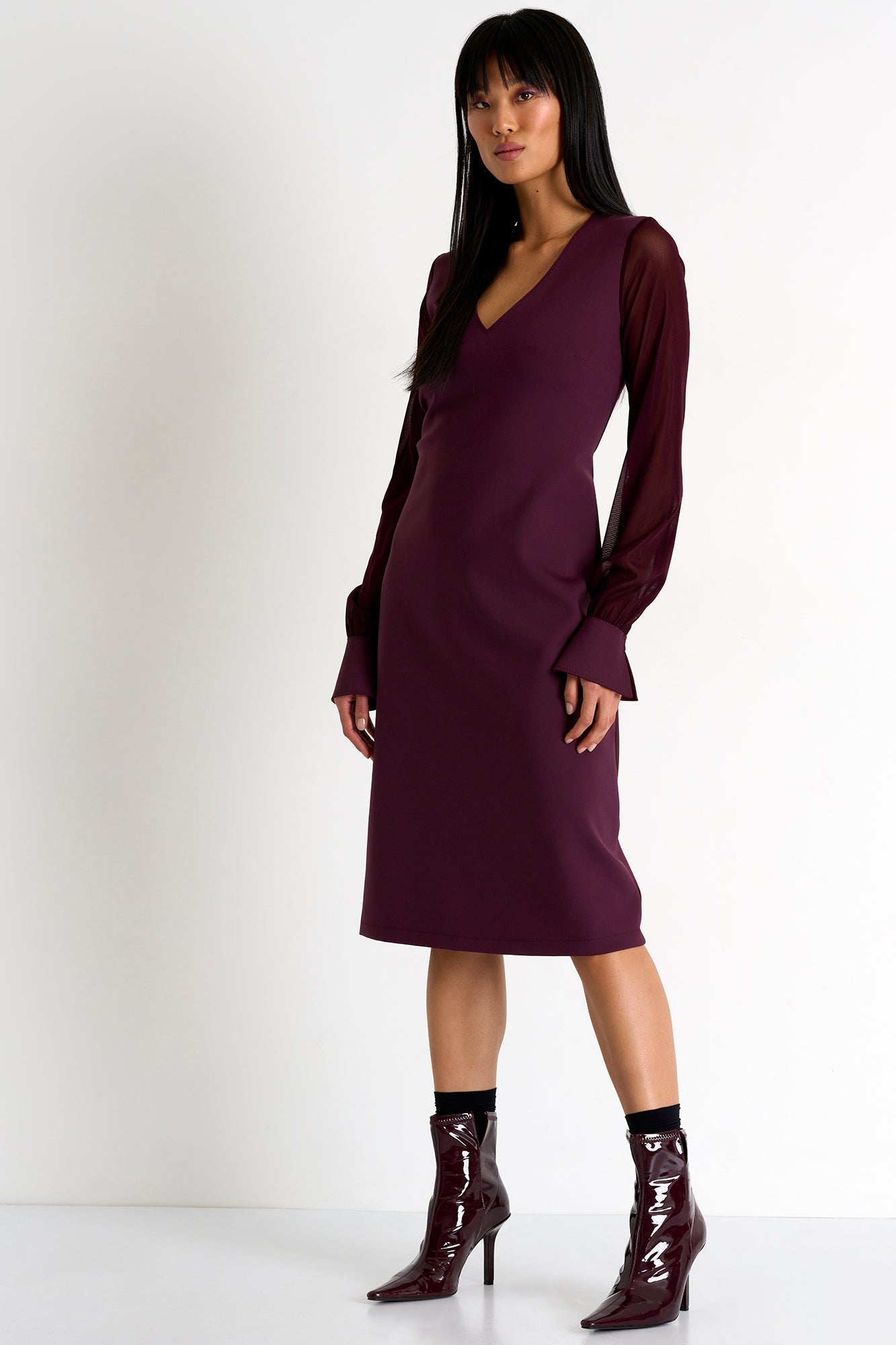 Sheer Sleeve Elegant Dress - 52367-75-400 02 / 400 Burgundy / 75% POLYAMIDE, 25% ELASTANE