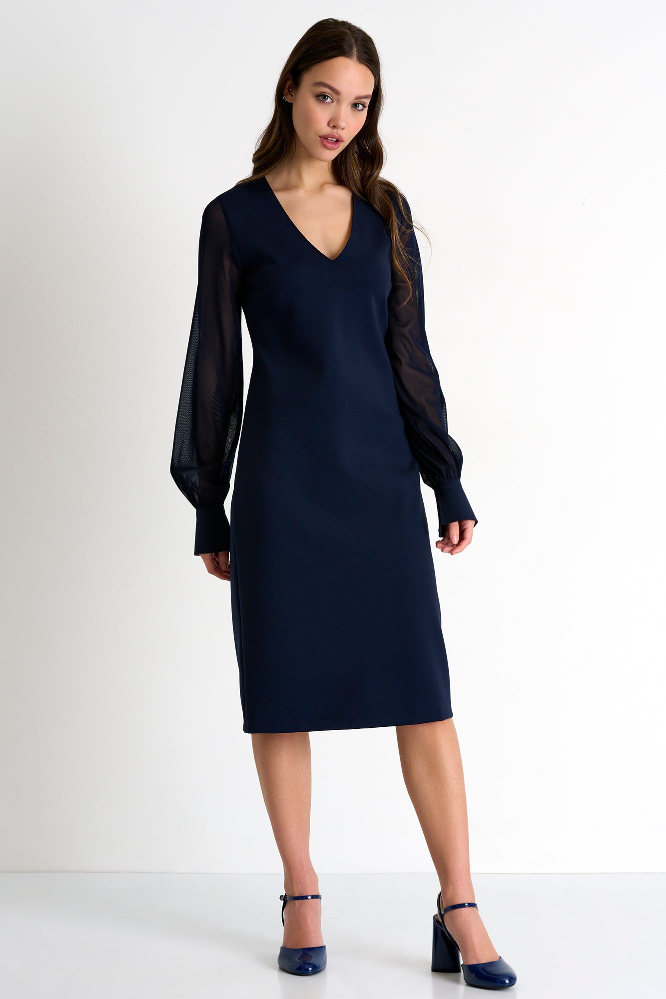Sheer Sleeve Elegant Dress - 52367-75-550 02 / 550 Navy / 75% POLYAMIDE, 25% ELASTANE