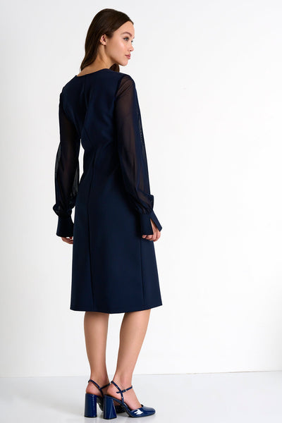 Sheer Sleeve Elegant Dress - 52367-75-550 02 / 550 Navy / 75% POLYAMIDE, 25% ELASTANE