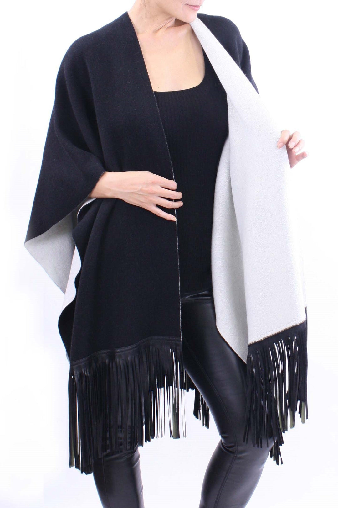 Leather Fringed Jacquard Cape
