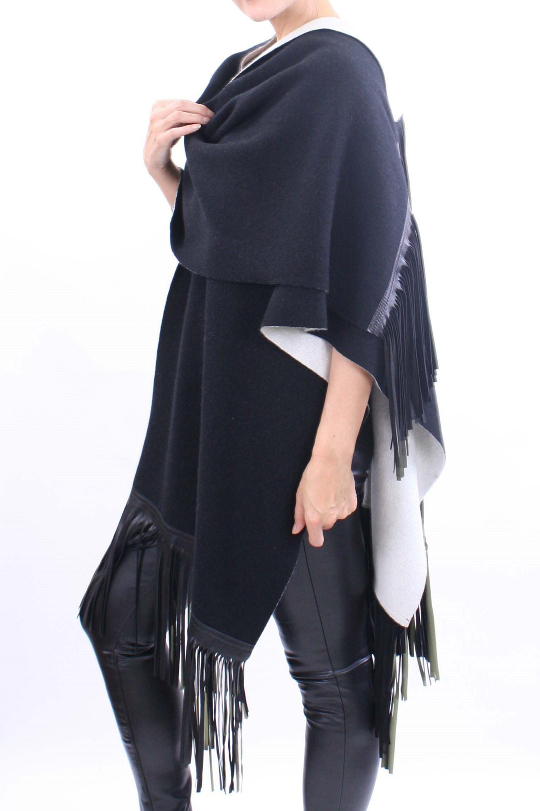 Leather Fringed Jacquard Cape