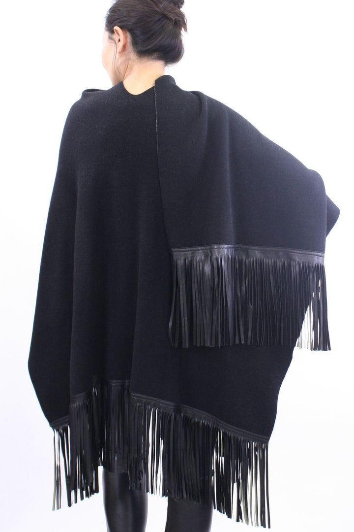 Leather Fringed Jacquard Cape