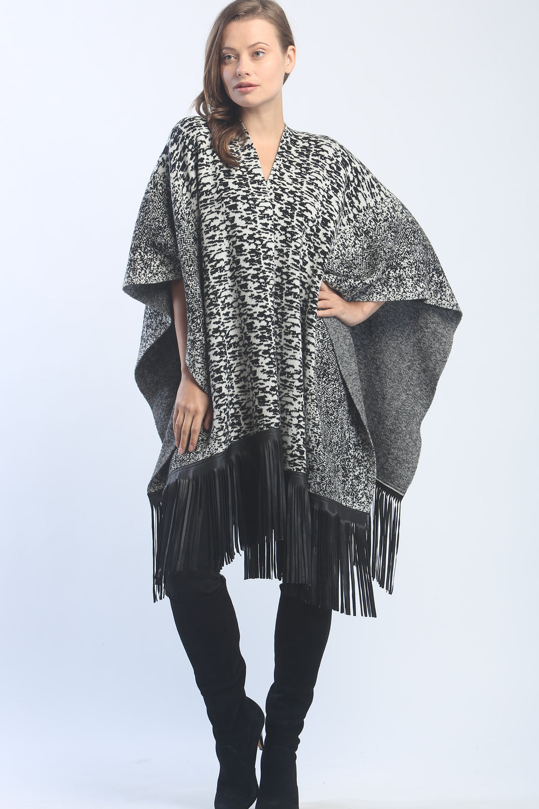 Leather Fringed Jacquard Cape