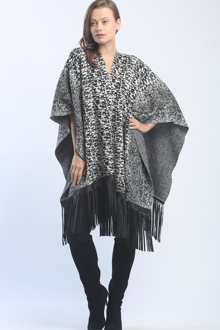 Leather Fringed Jacquard Cape