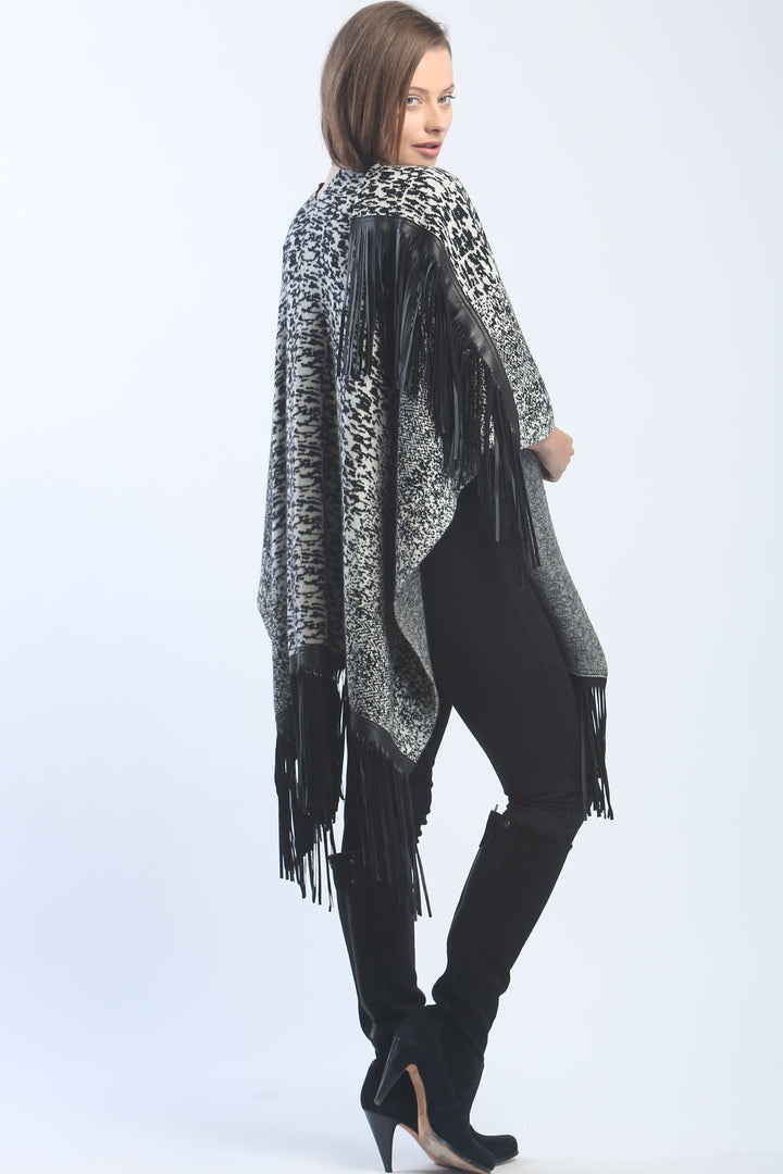 Leather Fringed Jacquard Cape