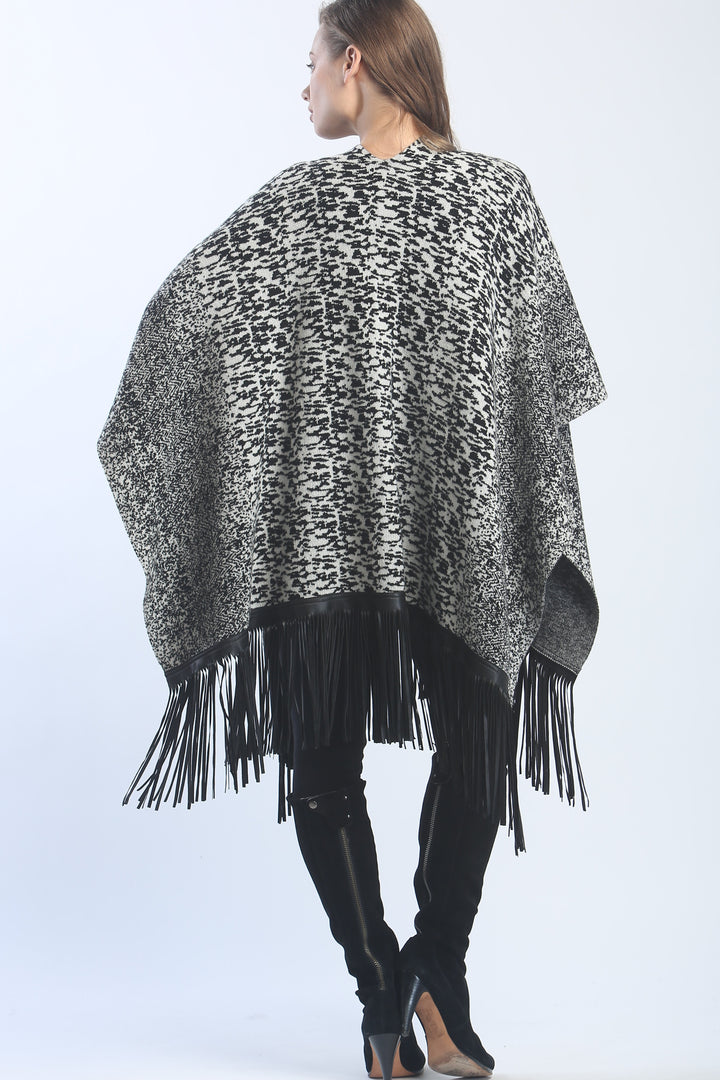 Leather Fringed Jacquard Cape