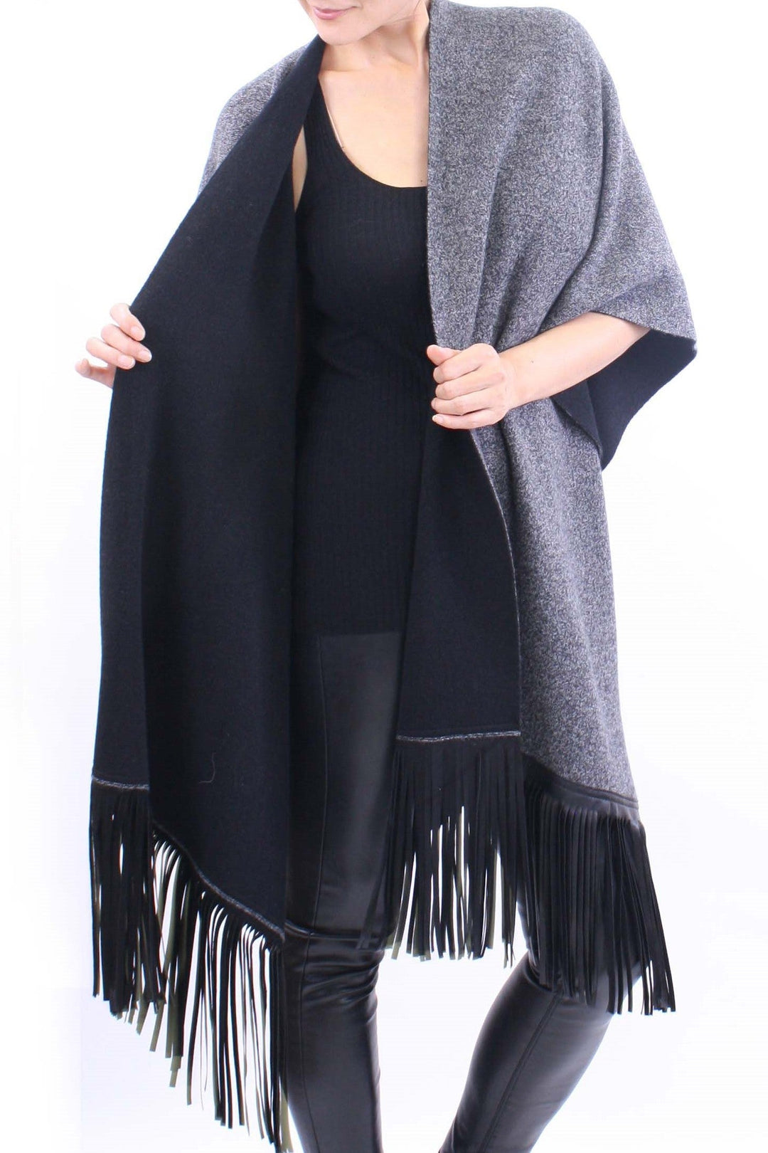 Leather Fringed Jacquard Cape