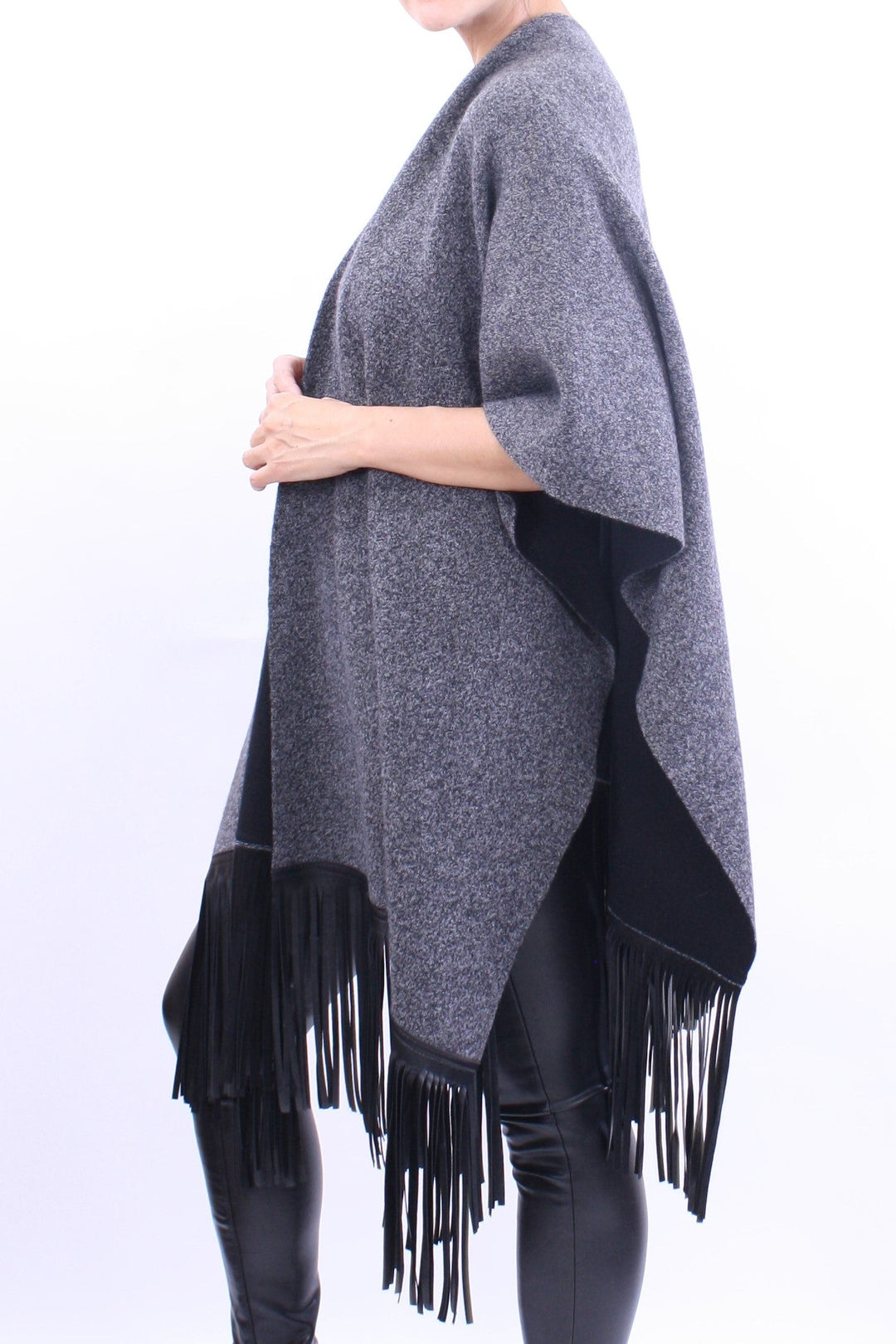 Leather Fringed Jacquard Cape