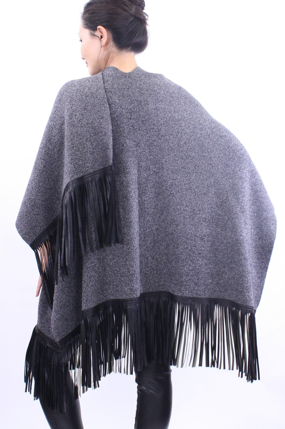 Leather Fringed Jacquard Cape