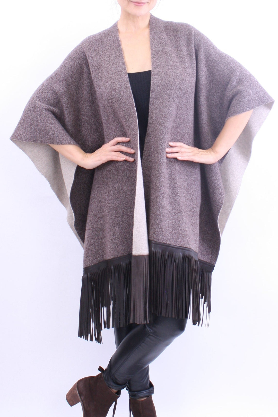 Leather Fringed Jacquard Cape