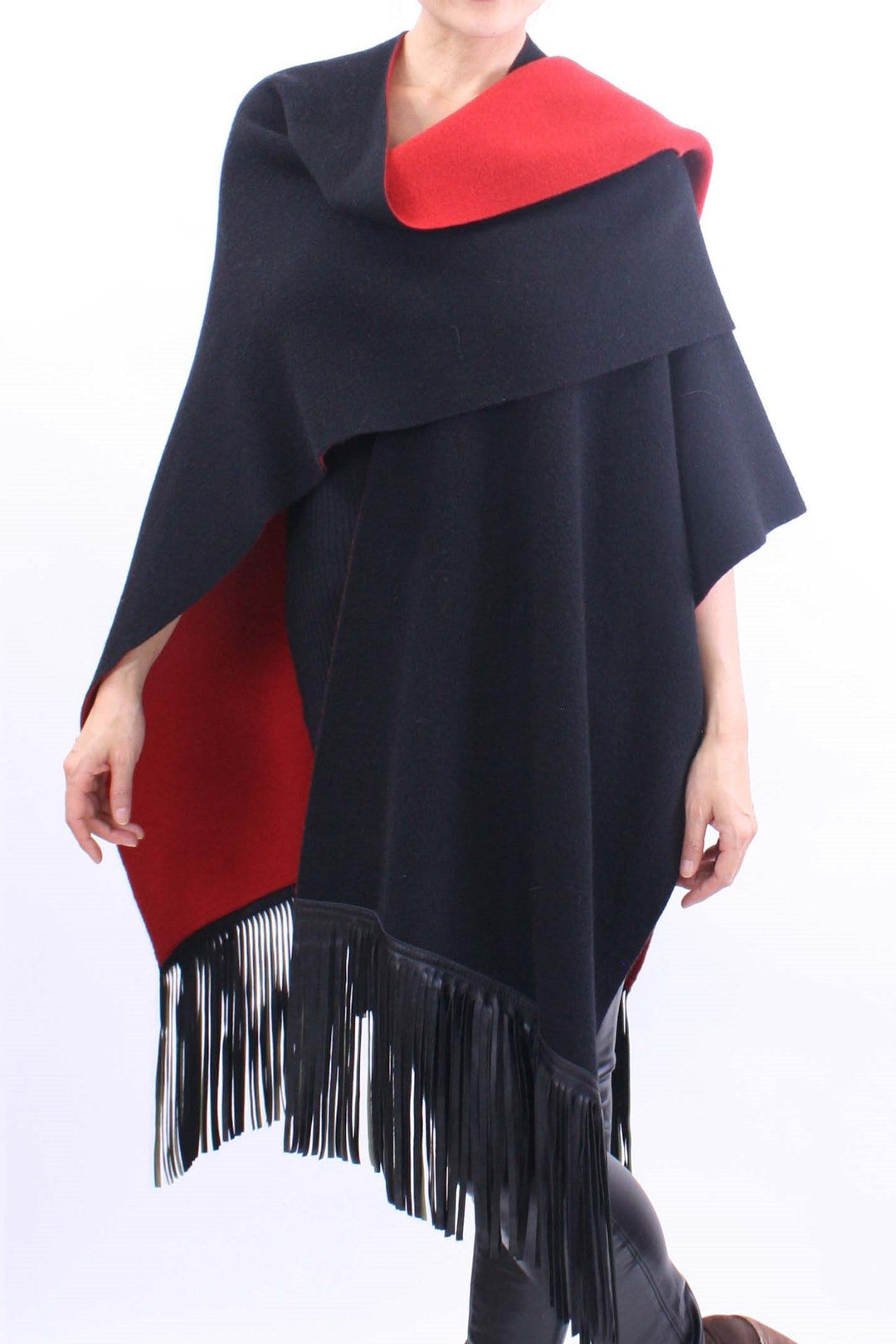 Leather Fringed Jacquard Cape