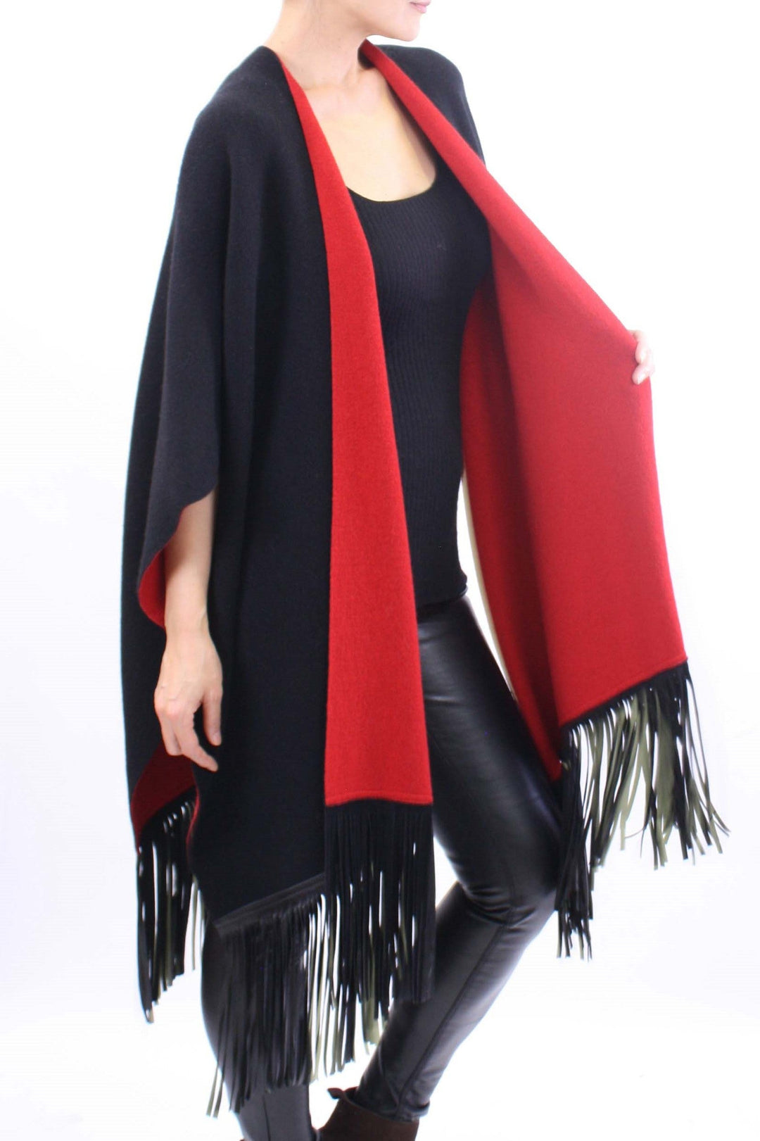Leather Fringed Jacquard Cape