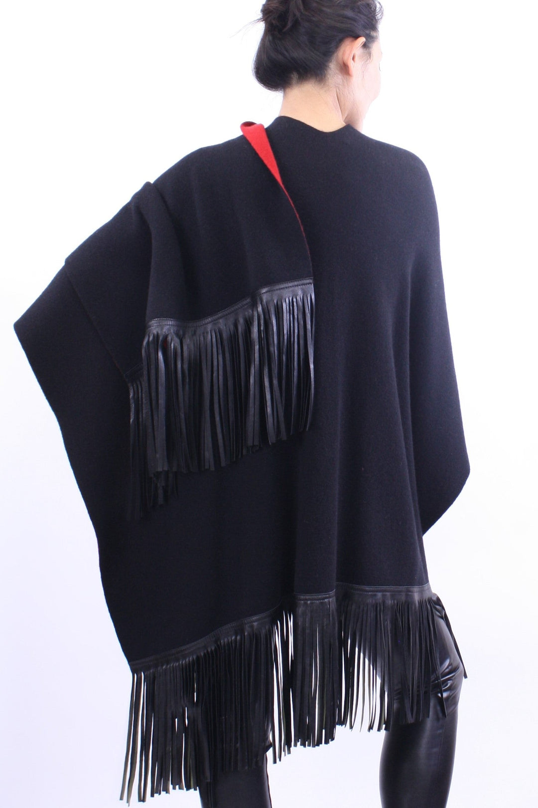 Leather Fringed Jacquard Cape