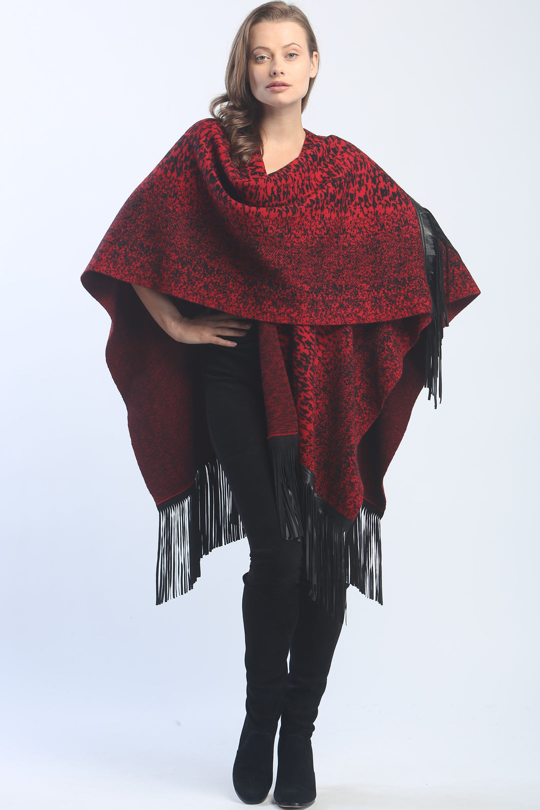 Leather Fringed Jacquard Cape