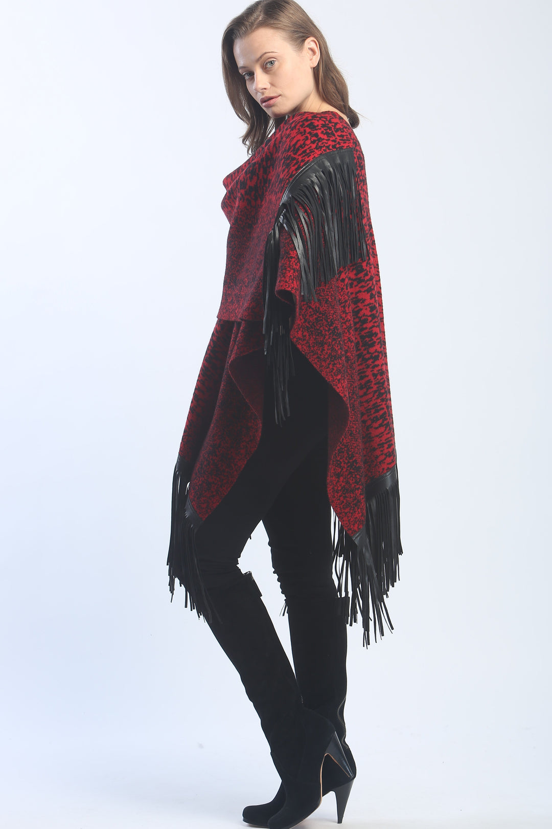 Leather Fringed Jacquard Cape