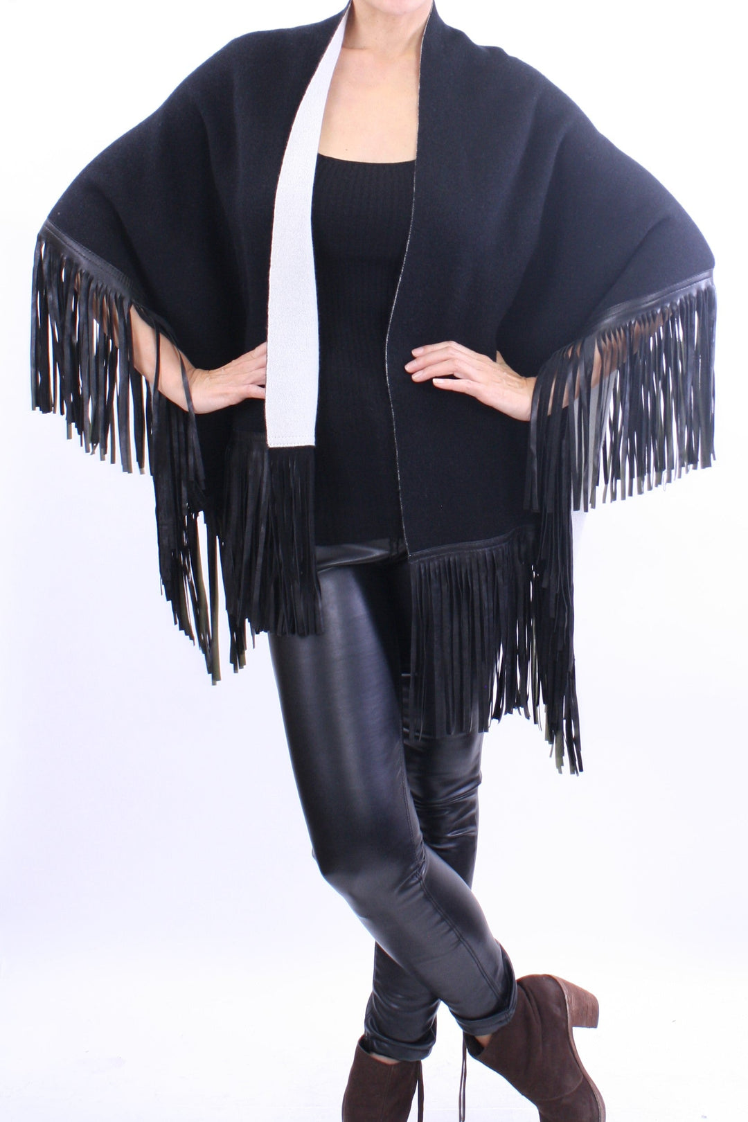 Leather Fringed Jacquard Asymmetrical Cape