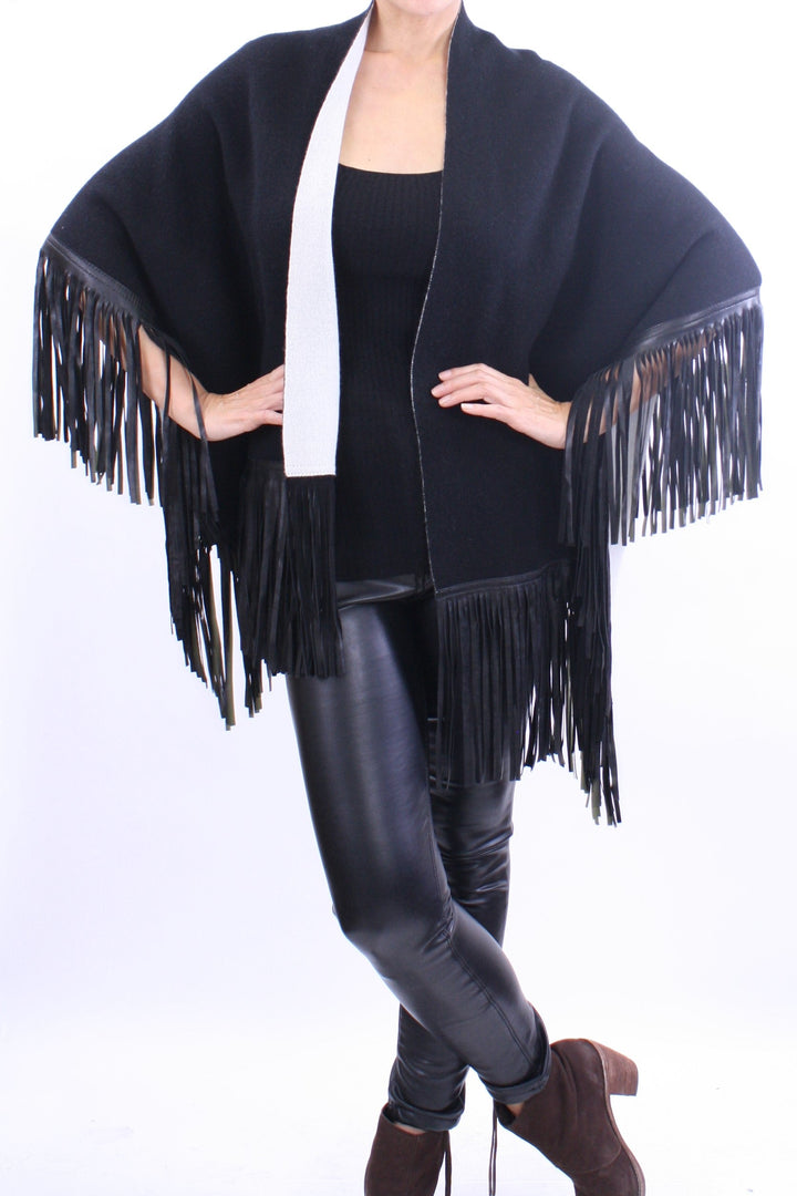 Leather Fringed Jacquard Asymmetrical Cape