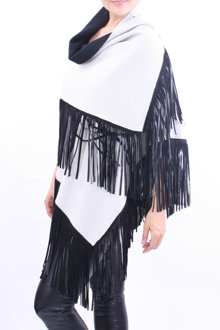 Leather Fringed Jacquard Asymmetrical Cape