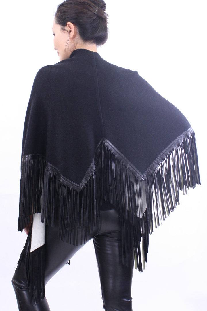 Leather Fringed Jacquard Asymmetrical Cape