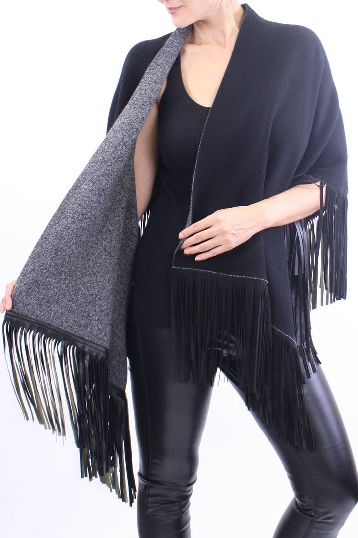 Leather Fringed Jacquard Asymmetrical Cape