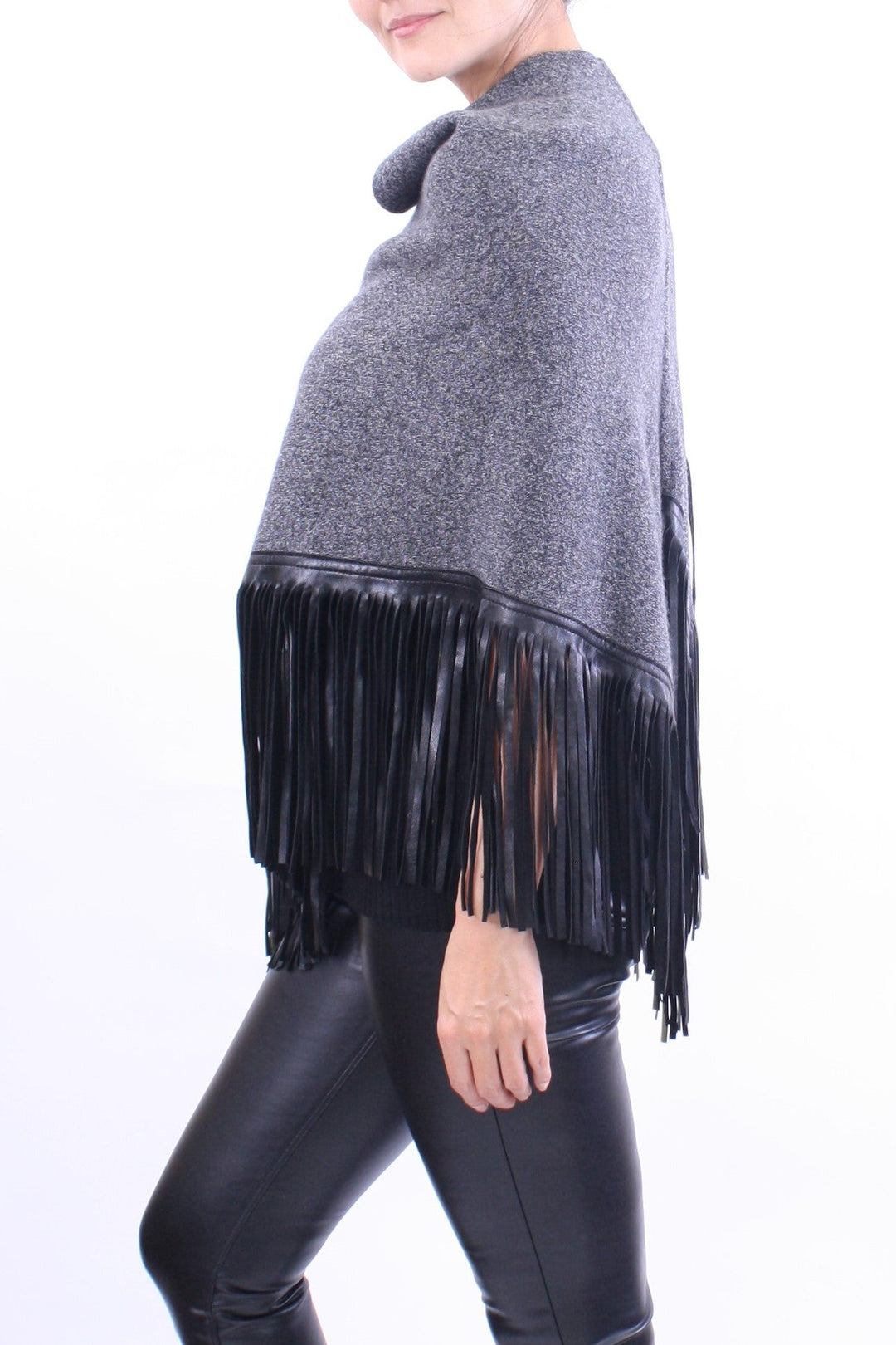 Leather Fringed Jacquard Asymmetrical Cape