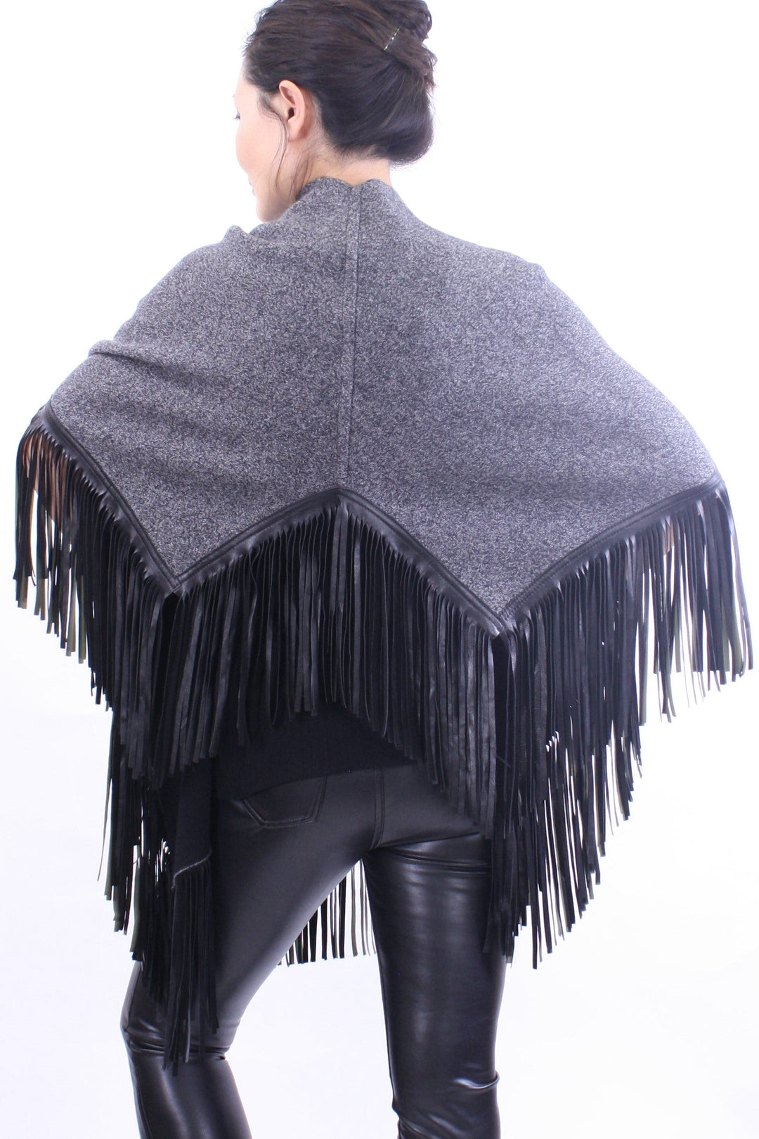 Leather Fringed Jacquard Asymmetrical Cape