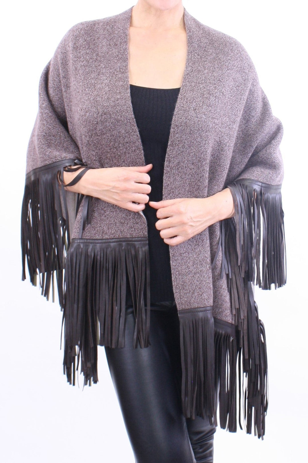 Leather Fringed Jacquard Asymmetrical Cape