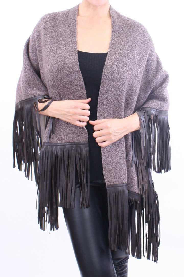 Leather Fringed Jacquard Asymmetrical Cape