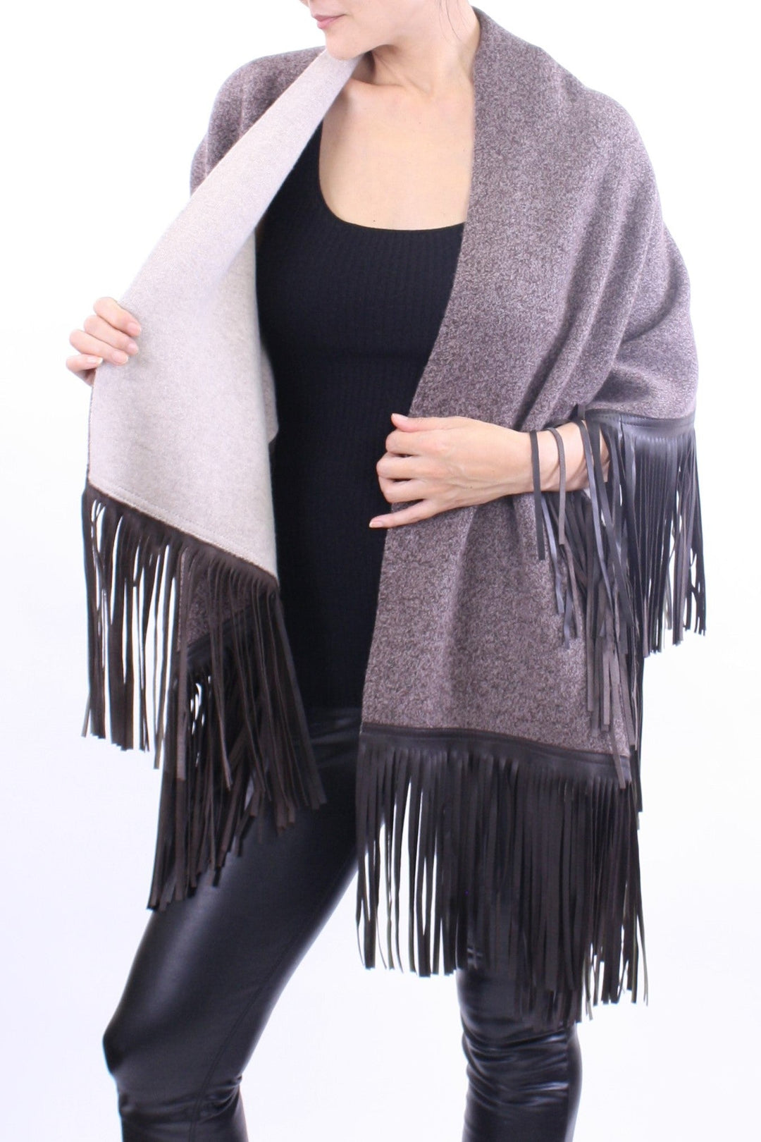 Leather Fringed Jacquard Asymmetrical Cape