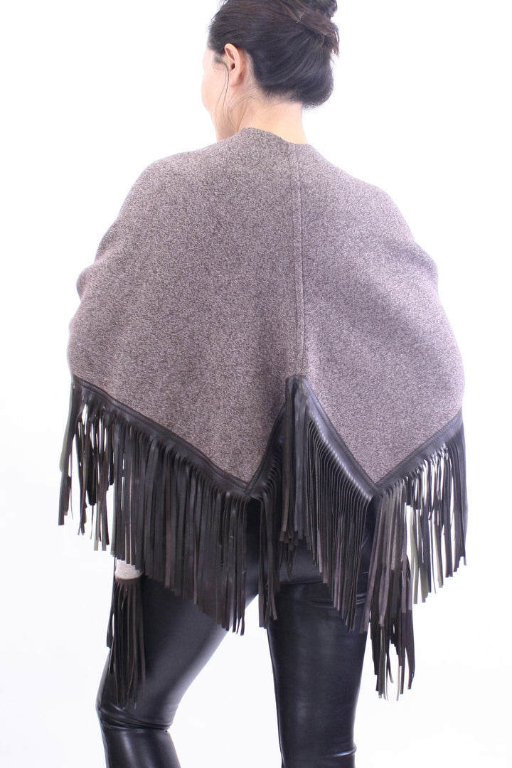 Leather Fringed Jacquard Asymmetrical Cape