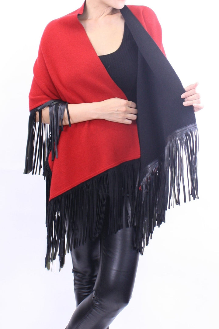 Leather Fringed Jacquard Asymmetrical Cape