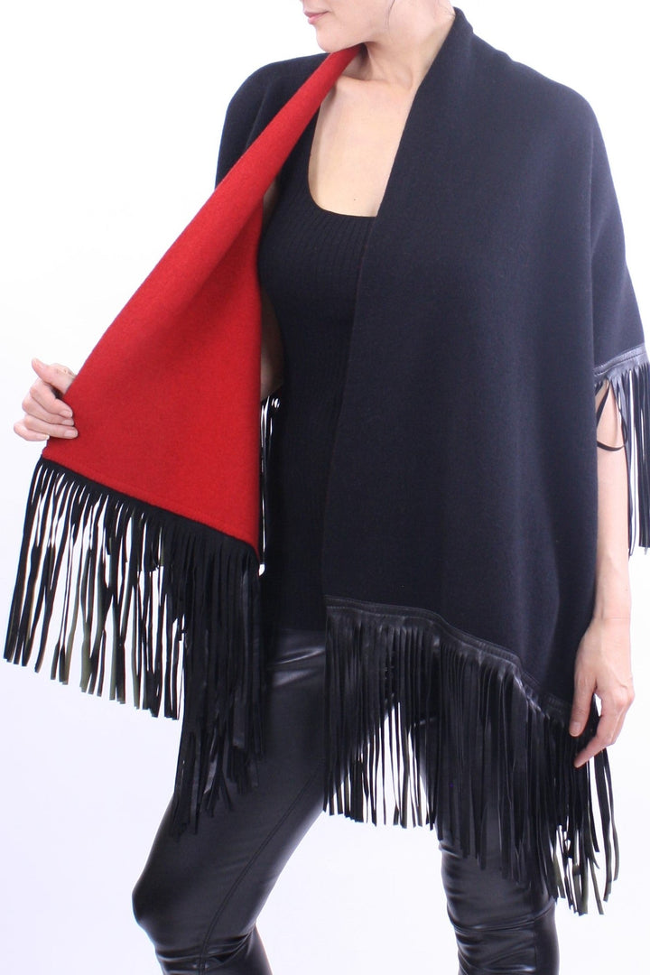 Leather Fringed Jacquard Asymmetrical Cape