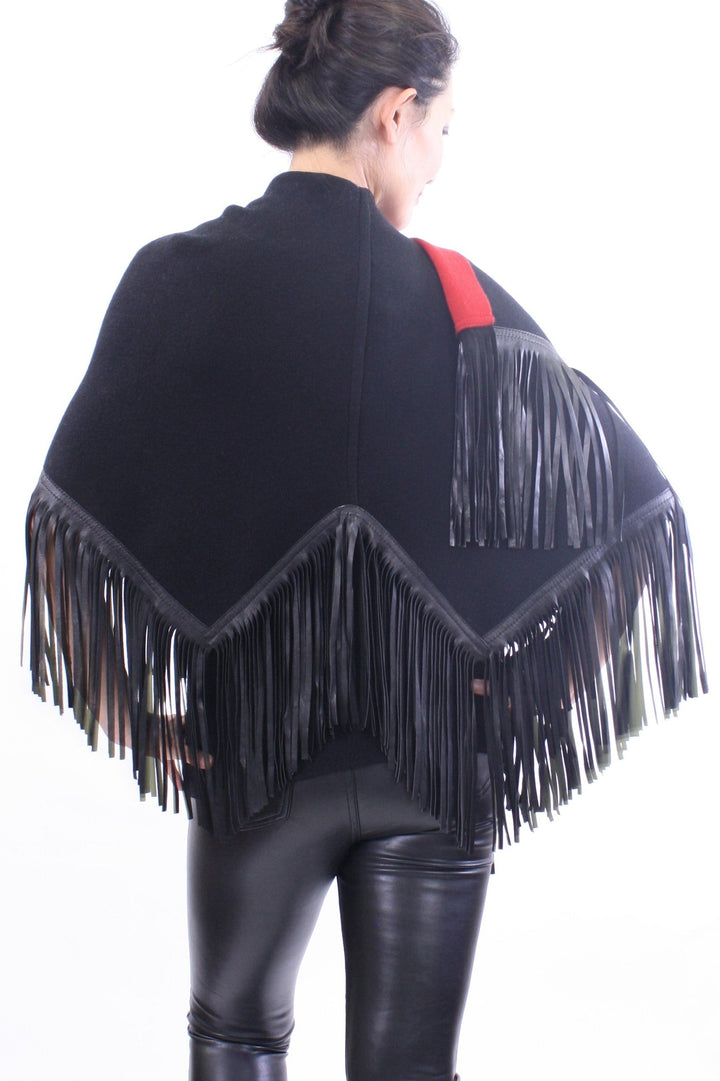Leather Fringed Jacquard Asymmetrical Cape