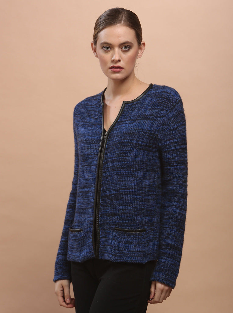 yoke LEATHER PIPNG KNITTED ZIP CARDIGAN Leather Piping Zip
