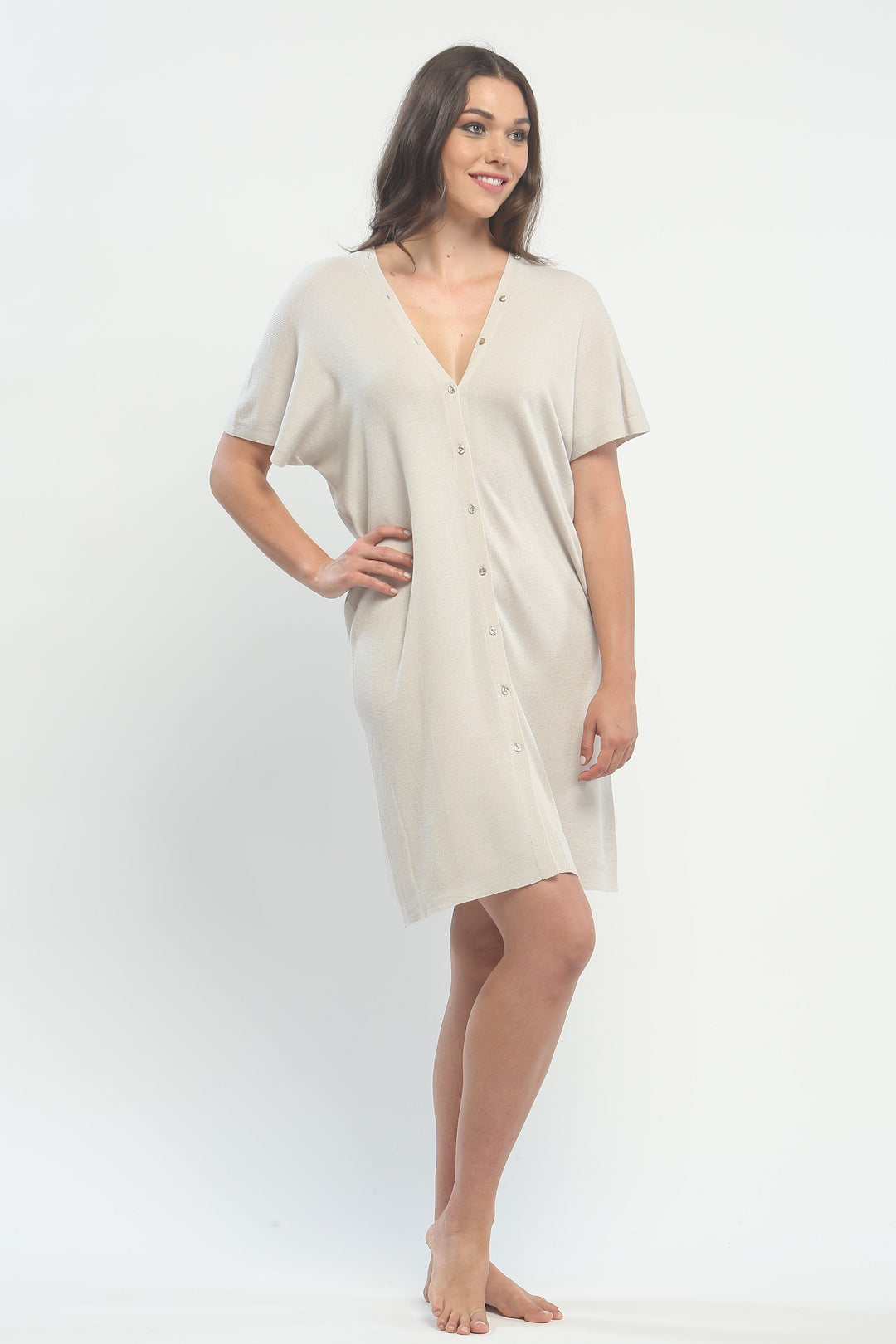 Button Down Double V Neck Dress in Knitted Silk
