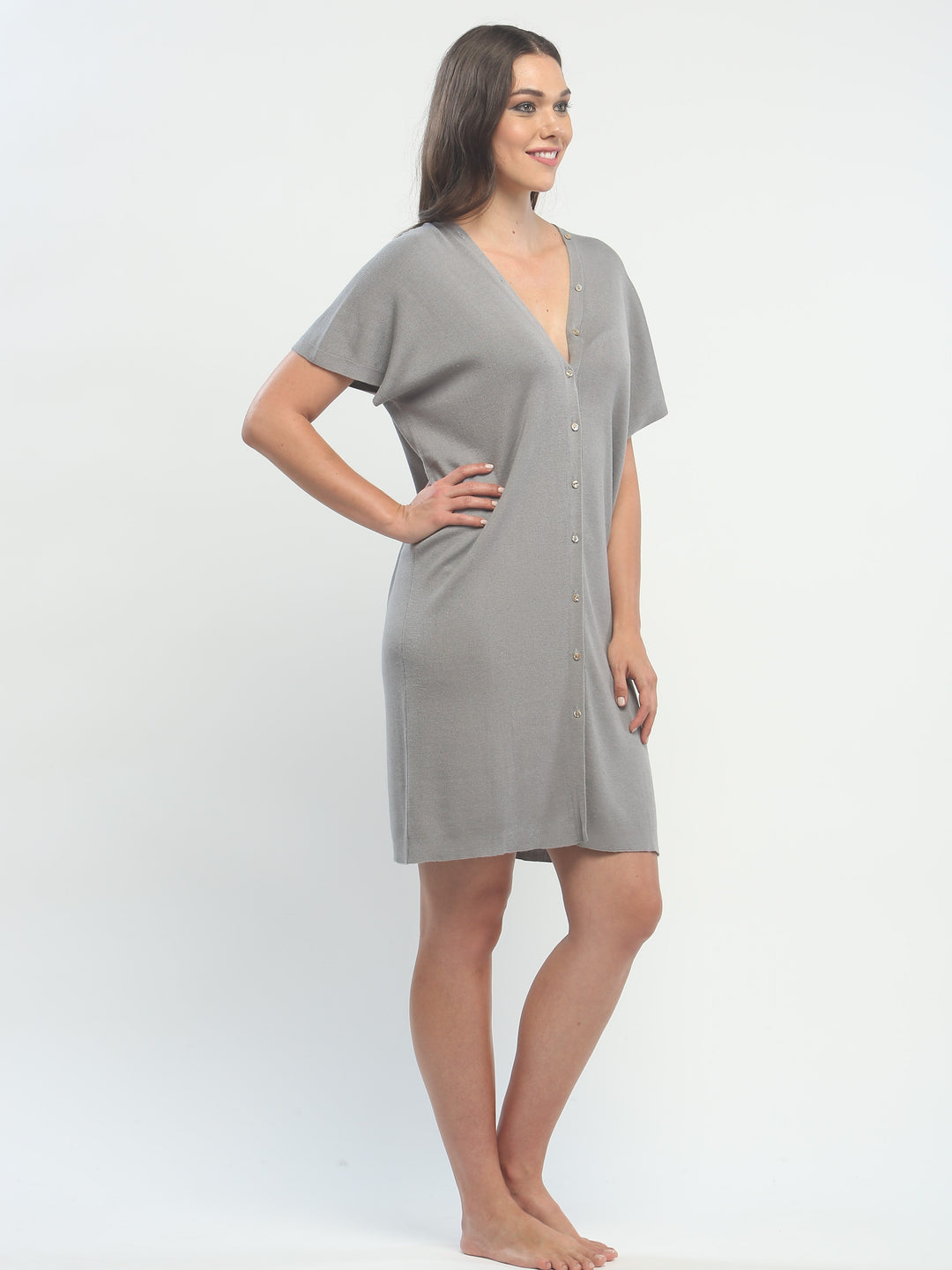 Button Down Double V Neck Dress in Knitted Silk