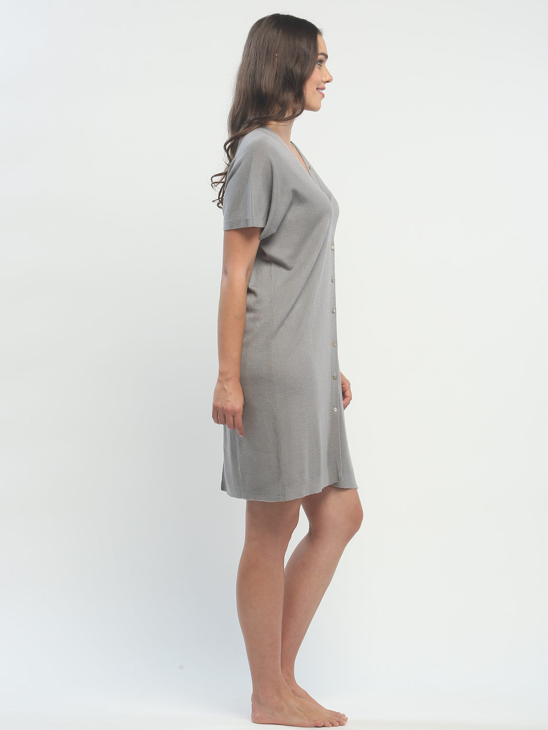 Button Down Double V Neck Dress in Knitted Silk