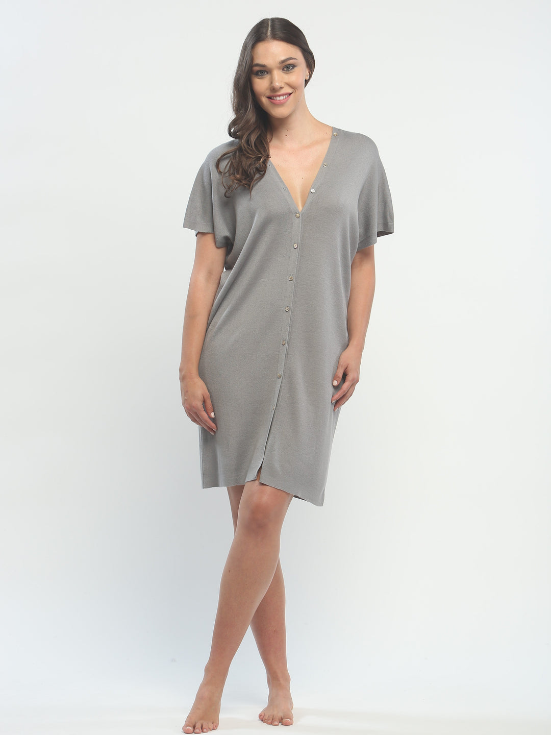 Button Down Double V Neck Dress in Knitted Silk