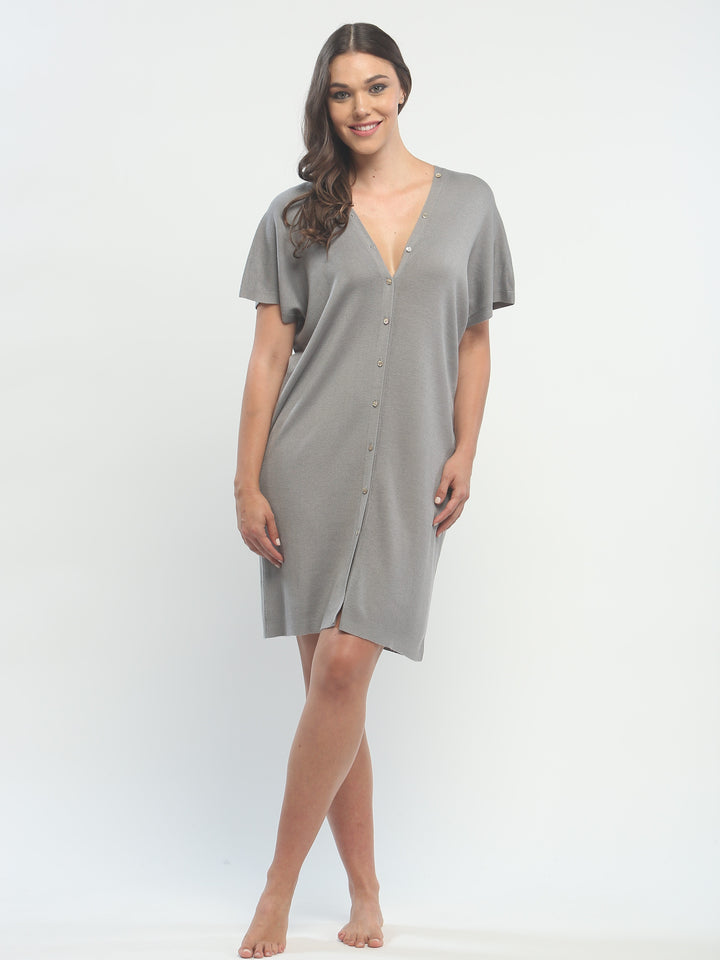 Button Down Double V Neck Dress in Knitted Silk
