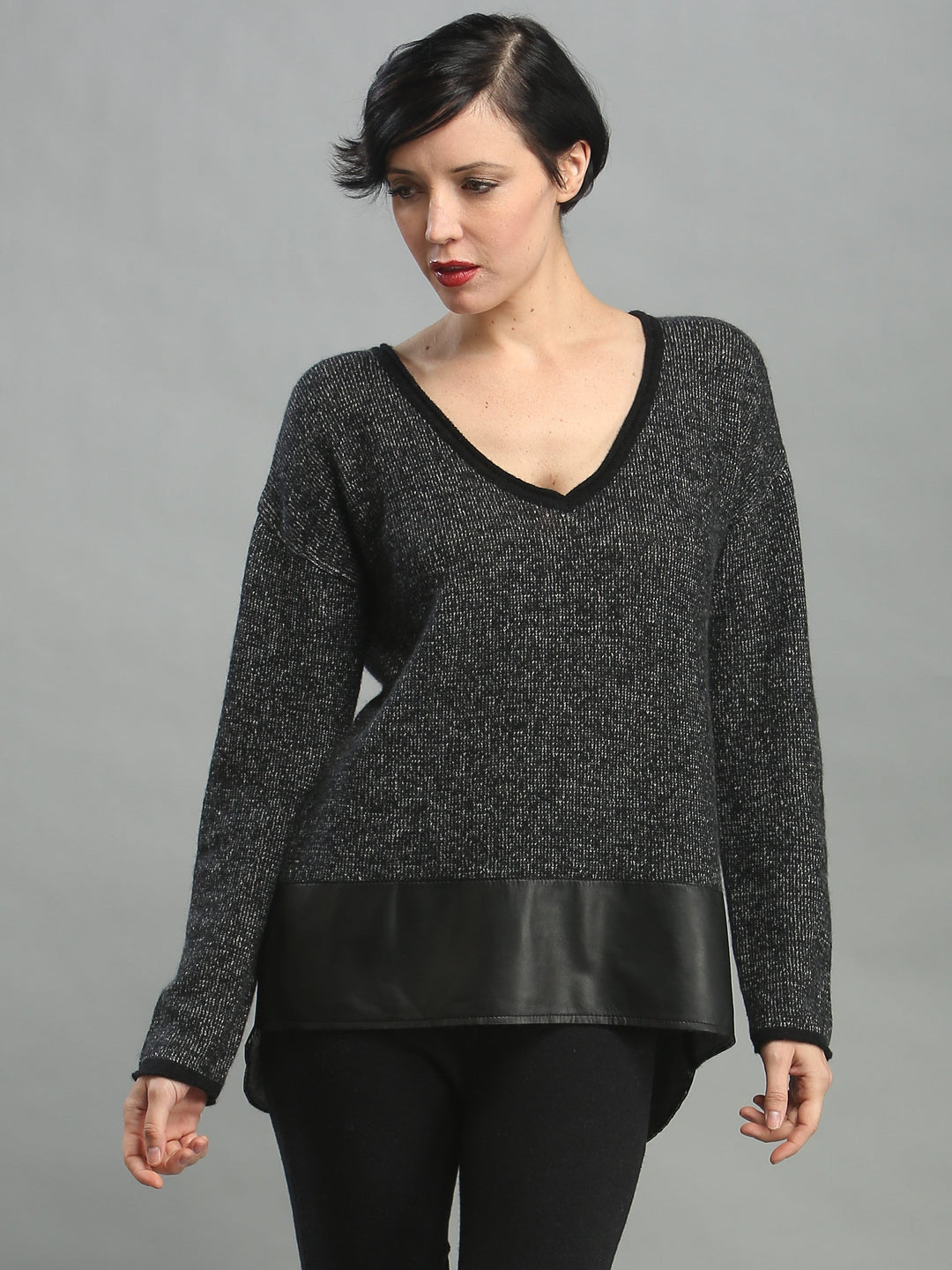 Leather Hem V-Neck Pullover