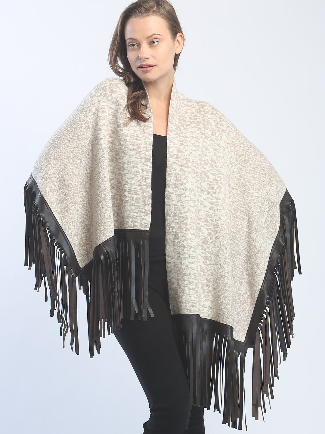 Leather Fringed Jacquard Asymmetrical Cape