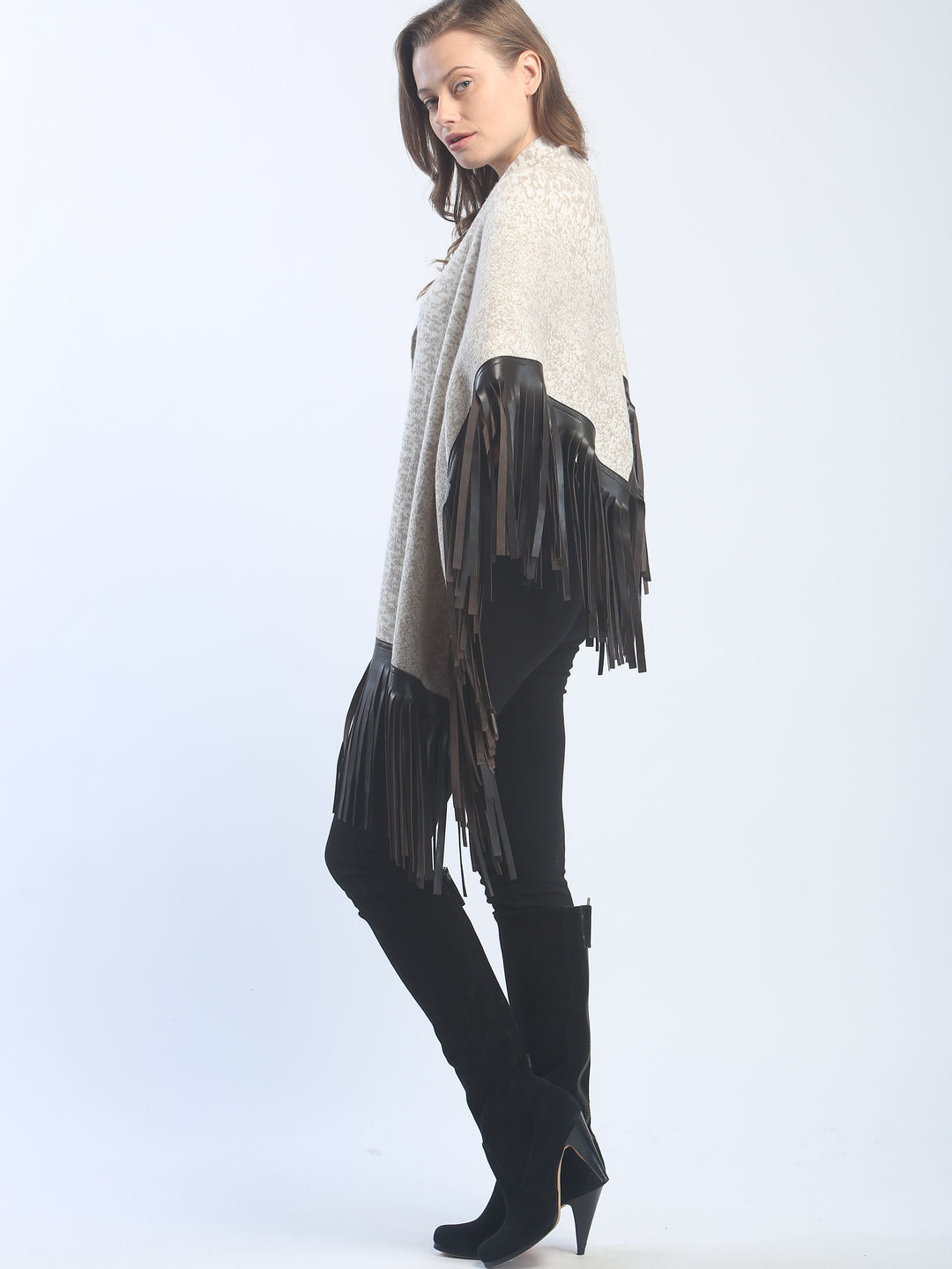 Leather Fringed Jacquard Asymmetrical Cape
