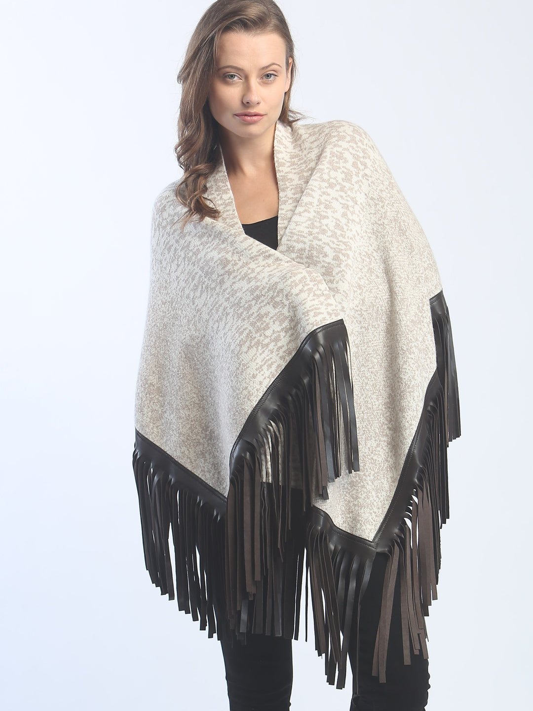 Leather Fringed Jacquard Asymmetrical Cape