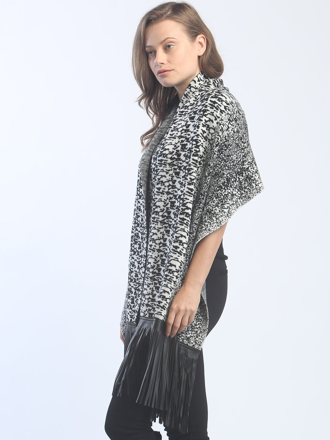 Leather Fringed Jacquard Wrap