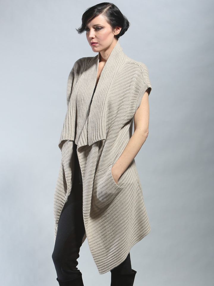 Ribbed Sleeveless Long Cardigan
