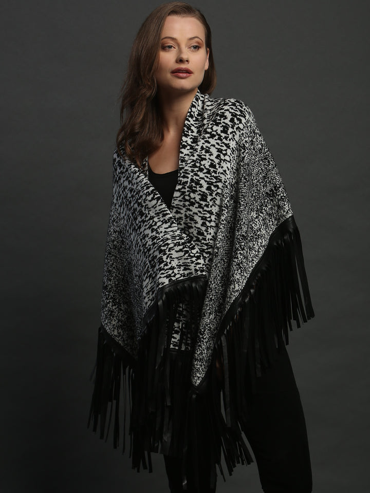 Leather Fringed Jacquard Asymmetrical Cape